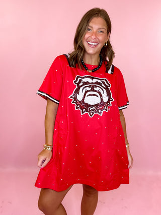 Queen Of Sparkles: Licensed UGA Cotton Scattered Jewel Sequin Mascot Jersey Short Sleeve Dress
