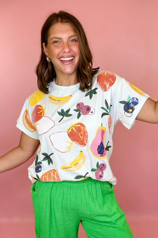 Queen Of Sparkles: Light Blue Multi Fruit Tee