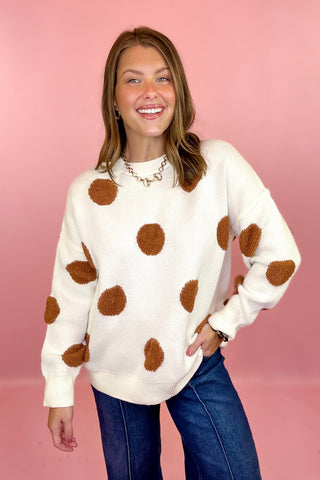 Oversized Textured Polka Dot Knit Sweater - Ivory/Brown