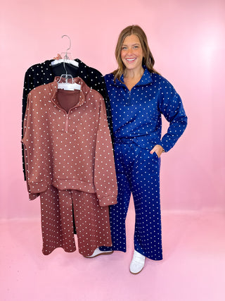 Polka Dot Half Zip Pullover & Wide Leg Pant Scuba Knit Set - Navy