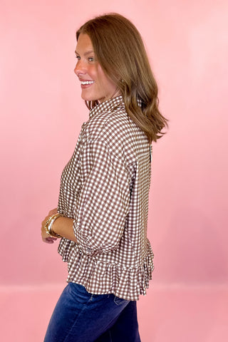 Feeling Right Gingham Top - Brown