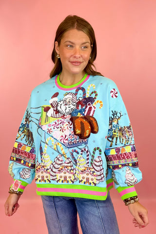 Queen Of Sparkles: Aqua Vintage Santa Gingerbread House Sweatshirt