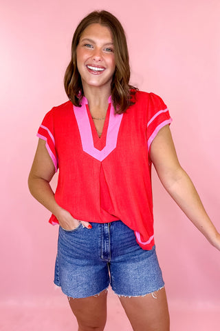 Basic Luxuries Linen Ruffle Top - Red/Pink