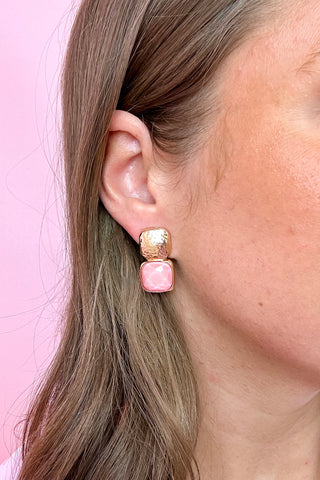 Bold Square Stone Textured Earrings - Light Pink