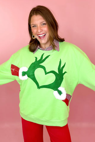 Queen Of Sparkles: Grinch Heart Hands Sweatshirt - Green