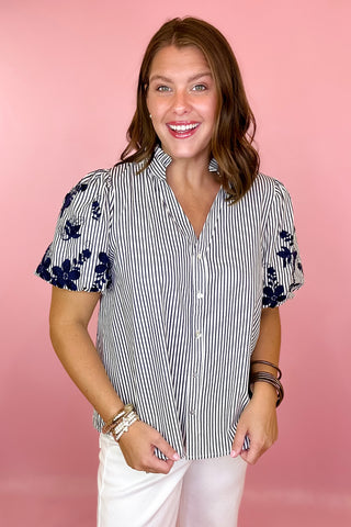 Make It Count Embroidered Stripe Button Down Top - Navy