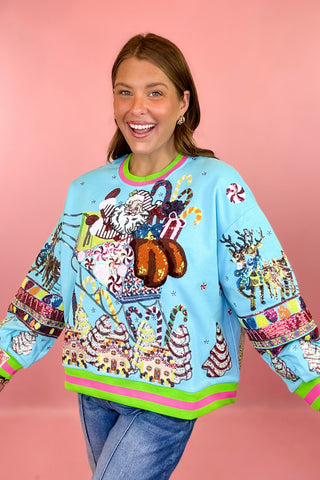 Queen Of Sparkles: Aqua Vintage Santa Gingerbread House Sweatshirt