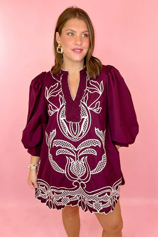 Nothing To It Embroidered Mini Dress - Merlot