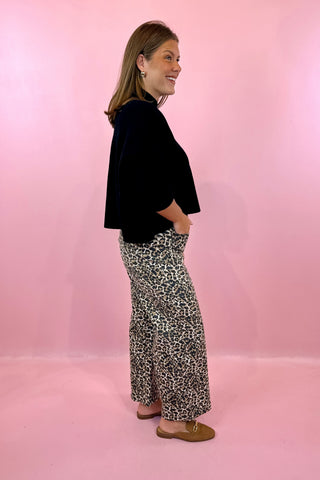 Stretch Twill Leopard Wide Leg Pants