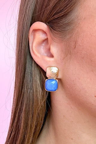 Bold Square Stone Textured Earrings - Blue