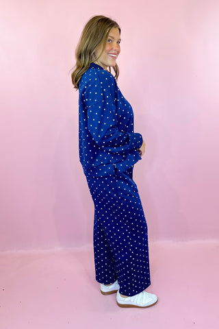 Polka Dot Half Zip Pullover & Wide Leg Pant Scuba Knit Set - Navy