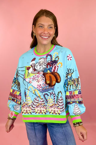 Queen Of Sparkles: Aqua Vintage Santa Gingerbread House Sweatshirt