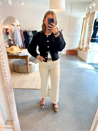 black gold button front long sleeve cardigan