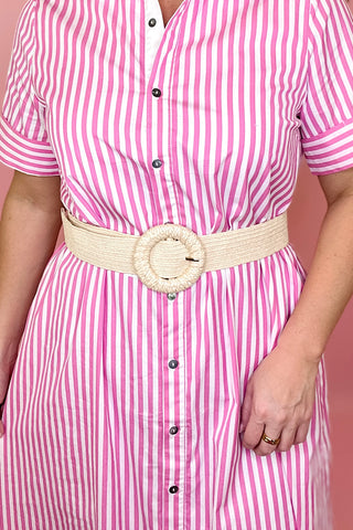 PLUS SIZE Circle Buckle Raffia Belt - Natural