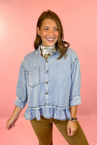 Written In Time Ruffle Hem Tencel Denim Top