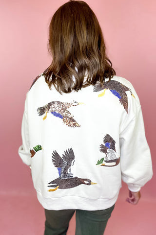 Queen Of Sparkles: Flying Ducks Mock Neck Sweatshirt - Ivory