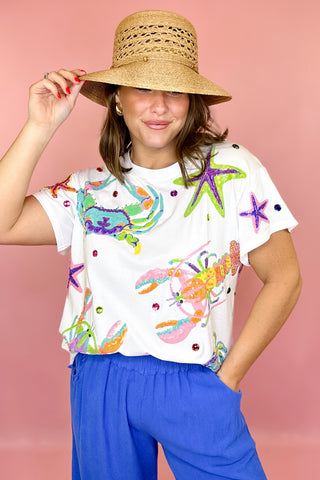 Queen Of Sparkles: White Multi Crab & Lobster Tee