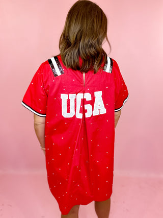Queen Of Sparkles: Licensed UGA Cotton Scattered Jewel Sequin Mascot Jersey Short Sleeve Dress