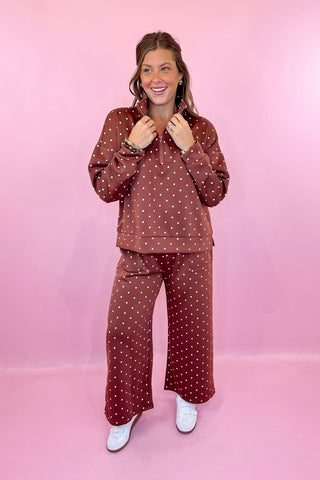 Polka Dot Half Zip Pullover & Wide Leg Pant Scuba Knit Set - Brown