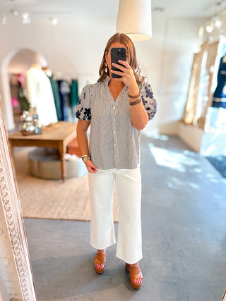 Make It Count Embroidered Stripe Button Down Top - Navy