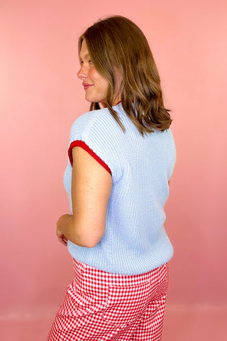 American Flag Short Sleeve Sweater - Light Blue
