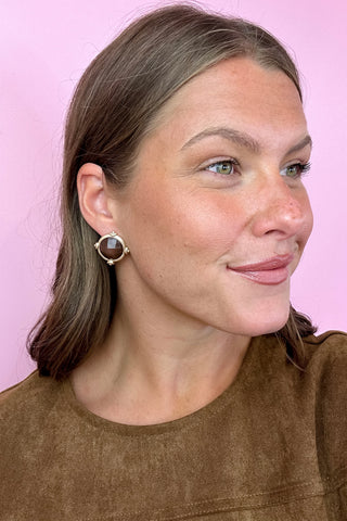 Framed & Faceted Stone Earrings - Brown