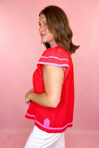 Basic Luxuries Linen Ruffle Top - Red/Pink