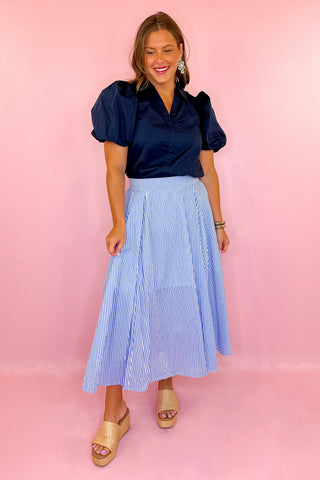Effortlessly Refined Striped Midi Skirt - Blue