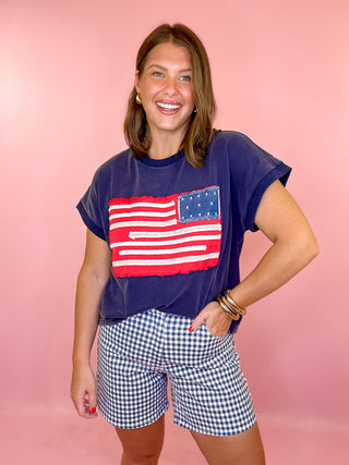 Sophie Gingham Mom Shorts - Washed Navy
