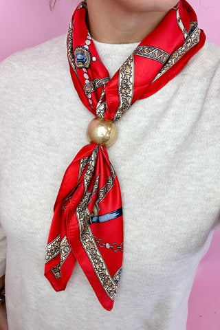 Horsebit Chain & Tassel Print Silky Scarf - Red