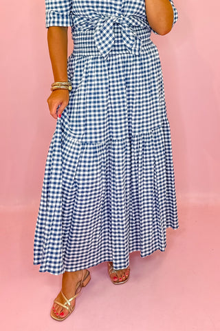 Adrienne: Aerin Seersucker Gingham Midi Skirt - Navy