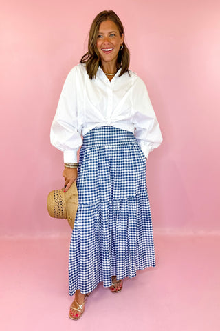 Adrienne: Aerin Seersucker Gingham Midi Skirt - Navy