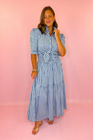 Adrienne: Jodie Gingham Ruffle Top - Navy