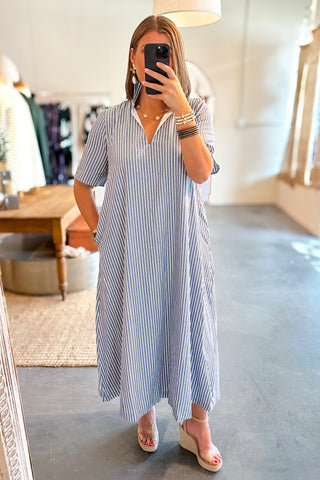 Adrienne Audrey Ruffle Collar Midi Dress Navy Stripe