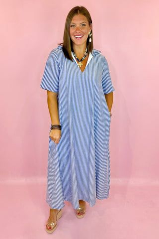 Adrienne Audrey Ruffle Collar Midi Dress Navy Stripe