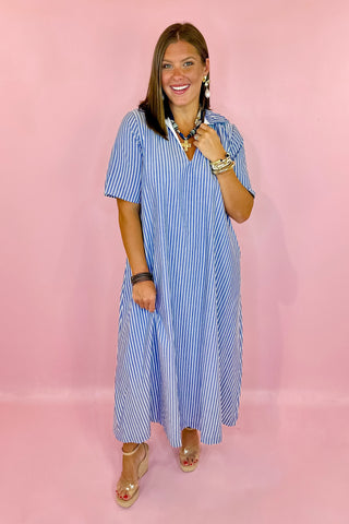 Adrienne Audrey Ruffle Collar Midi Dress Navy Stripe