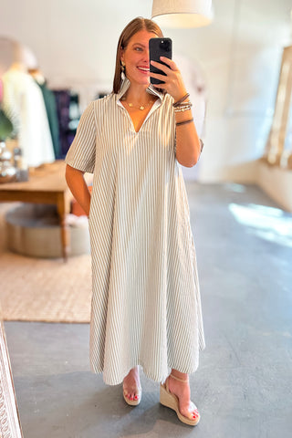 Adrienne Audrey Ruffle Collar Midi Dress Olive Stripe