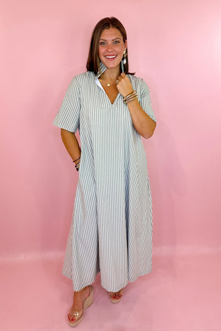 Adrienne Audrey Ruffle Collar Midi Dress Olive Stripe