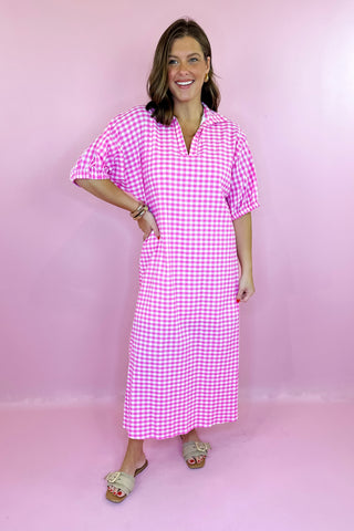 Adrienne Blakely Midi Dress Pink Gingham