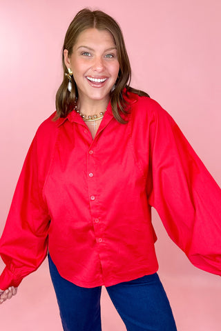 Adrienne: Brooks Batwing Button Up Top Red