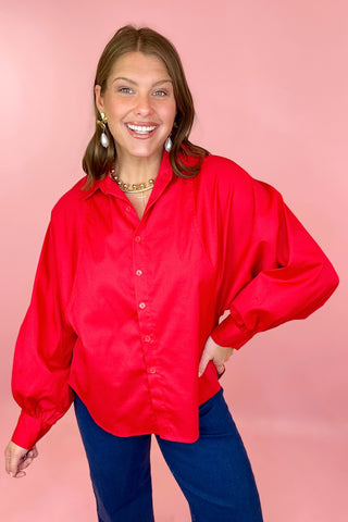 Adrienne: Brooks Batwing Button Up Top Red