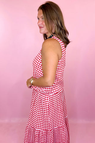 Adrienne: Celeste Sleeveless Bubble Hem Top - Red Seersucker