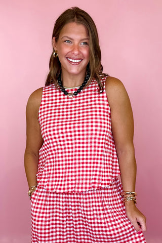 Adrienne: Celeste Sleeveless Bubble Hem Top - Red Seersucker