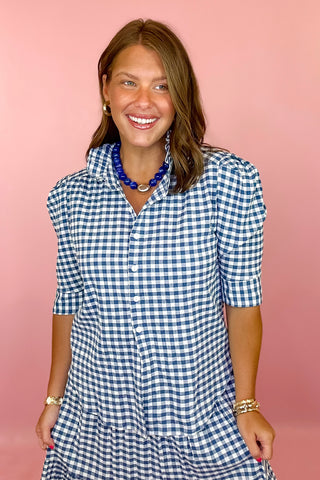 Adrienne: Jodie Gingham Ruffle Top - Navy