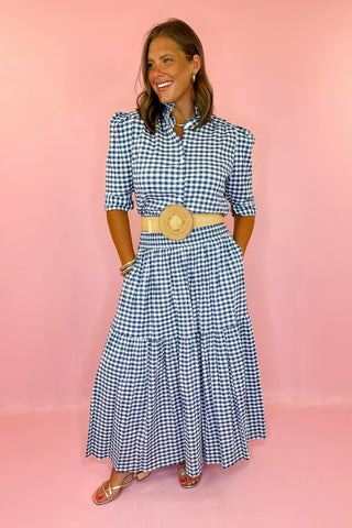 Adrienne: Jodie Gingham Ruffle Top - Navy