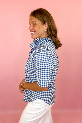 Adrienne: Jodie Gingham Ruffle Top - Navy