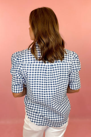 Adrienne: Jodie Gingham Ruffle Top - Navy