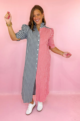 Adrienne: Nina Red and Black Multi Seersucker Gingham Midi Dress