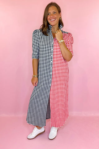 Adrienne: Nina Red and Black Multi Seersucker Gingham Midi Dress