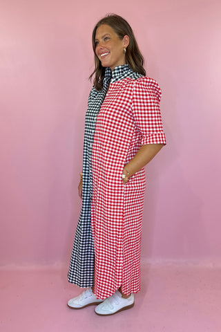 Adrienne: Nina Red and Black Multi Seersucker Gingham Midi Dress